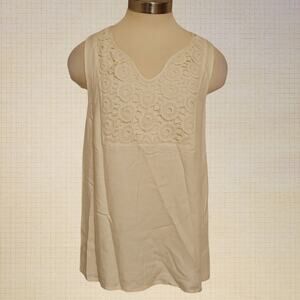 Embroidered Lace Yoke Cream Sleeveless Blouse Kensie Medium Boho Top
